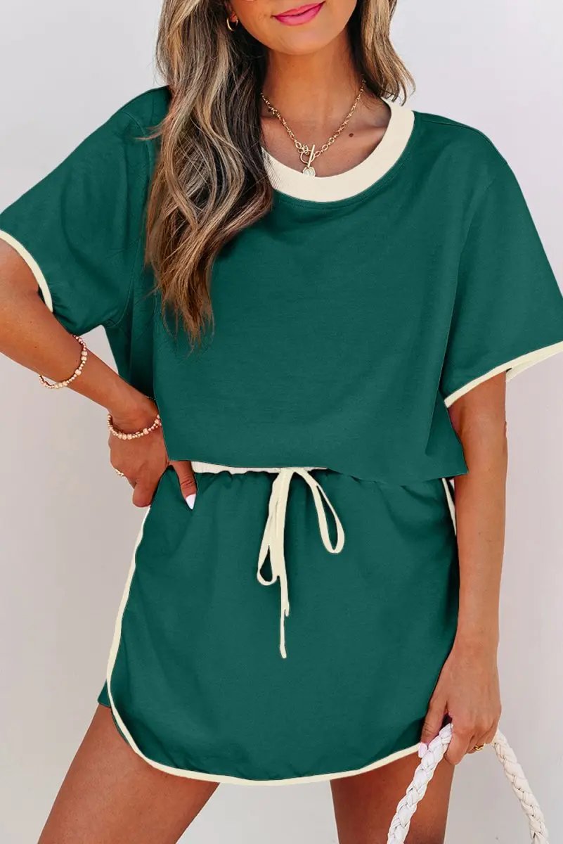 Evergreen Colorblock Edge Drop Shoulder T Shirt and Skort Set - Love Salve
